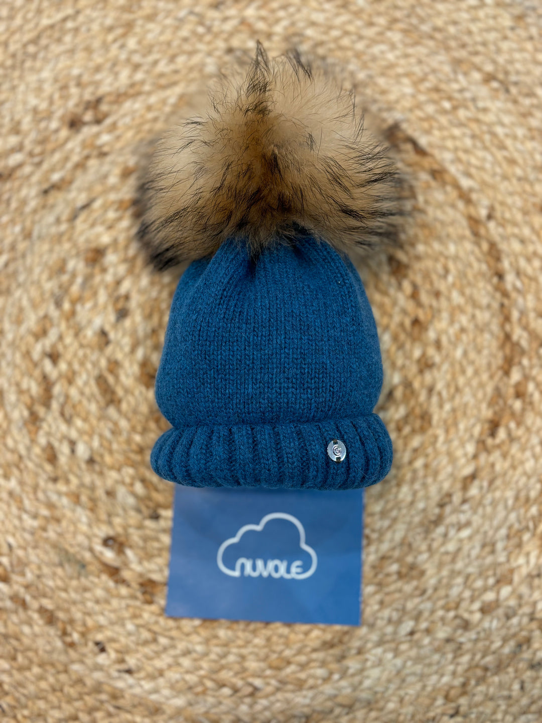 Cappello in cashmere con pompon petrolio