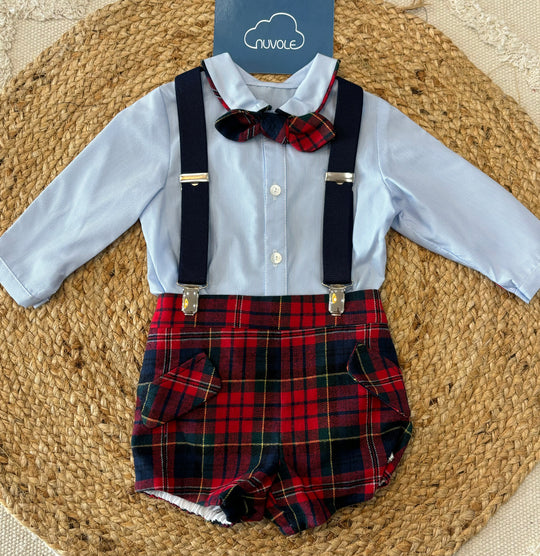 Completo scozzese con papillon e bretelle